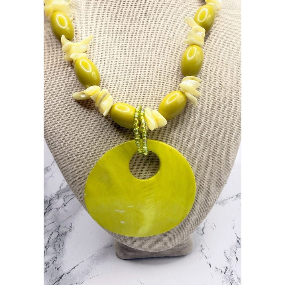 Lime Green Disc Pendant Olive Glass Bead Double Cord Necklace 15-17"